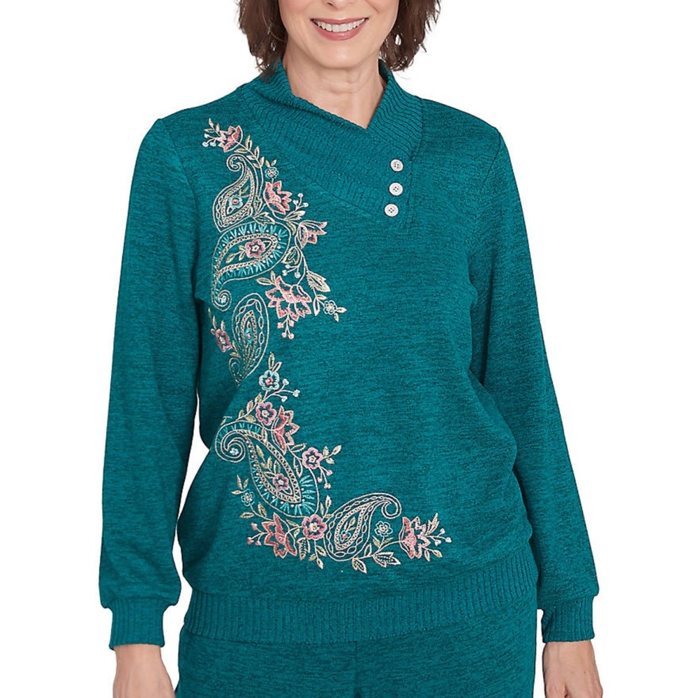 Alfred Dunner Teal Sweater with Embroidered Floral Design